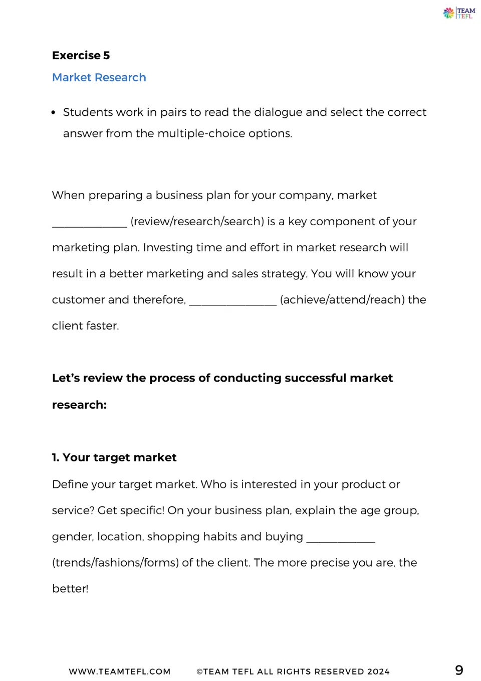 Exercise 5 multiple choice: pairs read about defining a target market and pick the right word, such as research or reach
