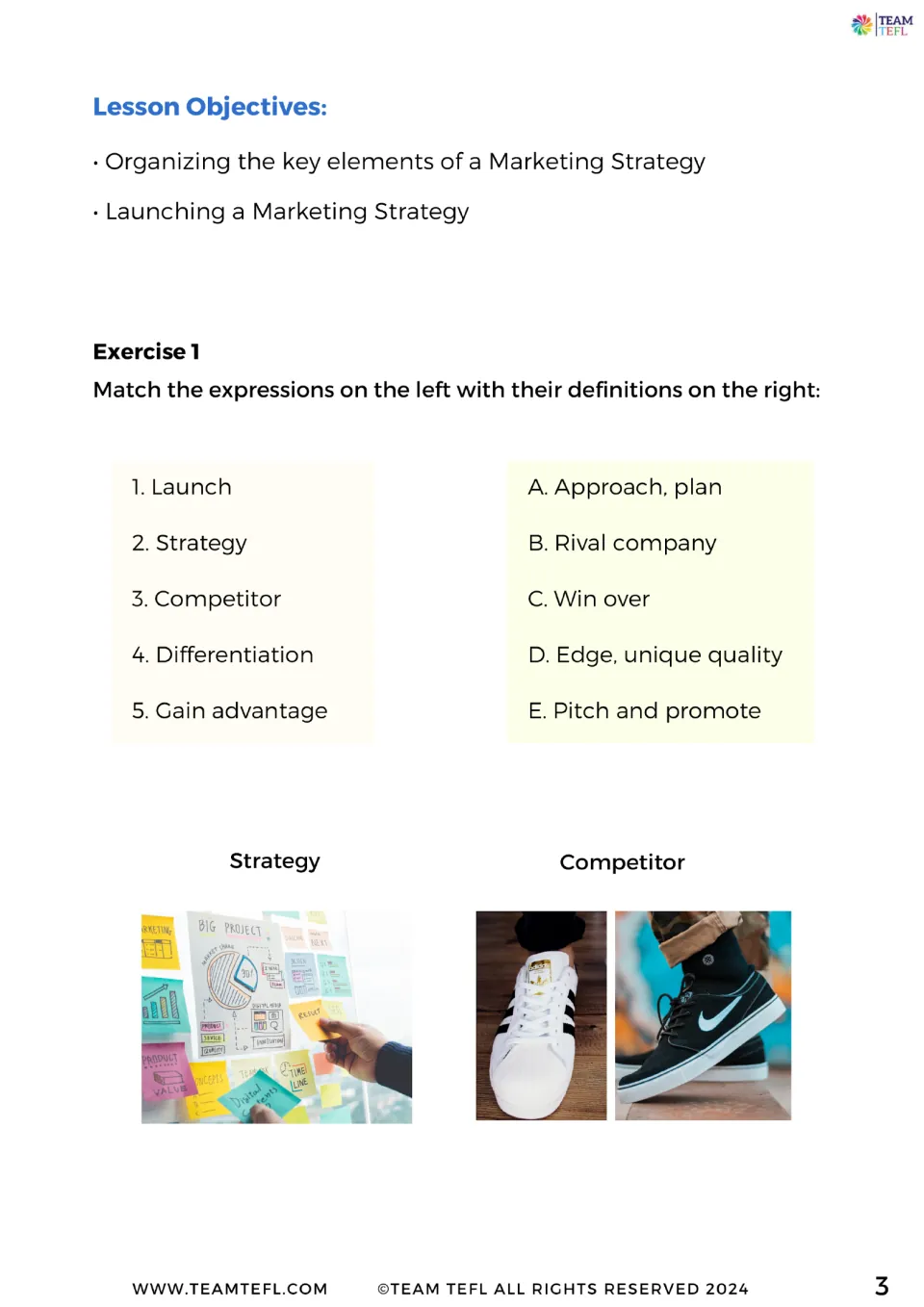Lesson objectives and Exercise 1: students match marketing terms such as launch, strategy and competitor to definitions