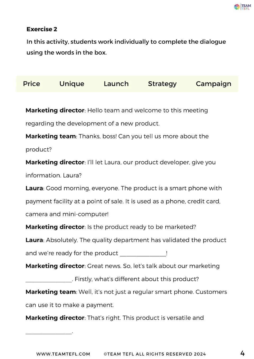 Exercise 2 gap-fill: students complete a product-launch meeting dialogue using price, unique, launch, strategy and campaign
