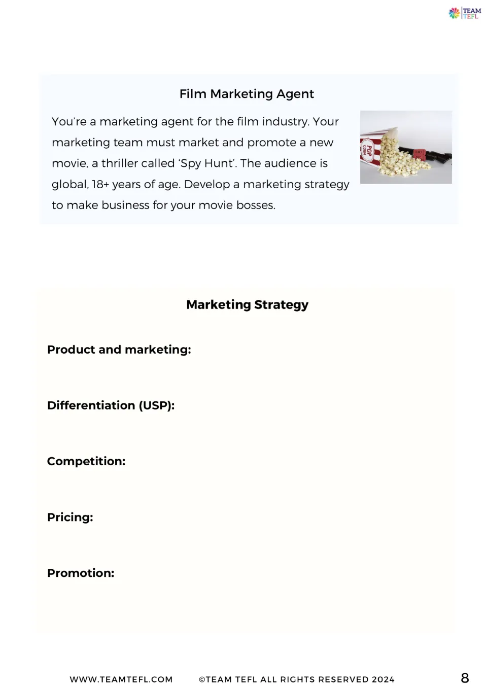 Spy Hunt thriller marketing card and a strategy chart students fill in: product, USP, competition, pricing, promotion