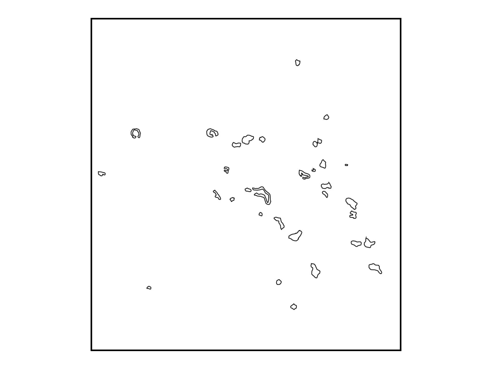 Blank outline map of the Marshall Islands showing atoll shapes with no names, for map labeling practice