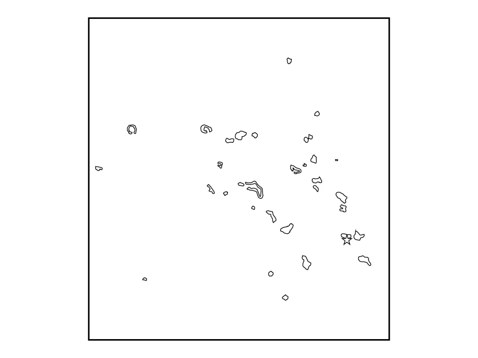 Outline map of the Marshall Islands atolls with a star marking the capital; students locate and name the atolls