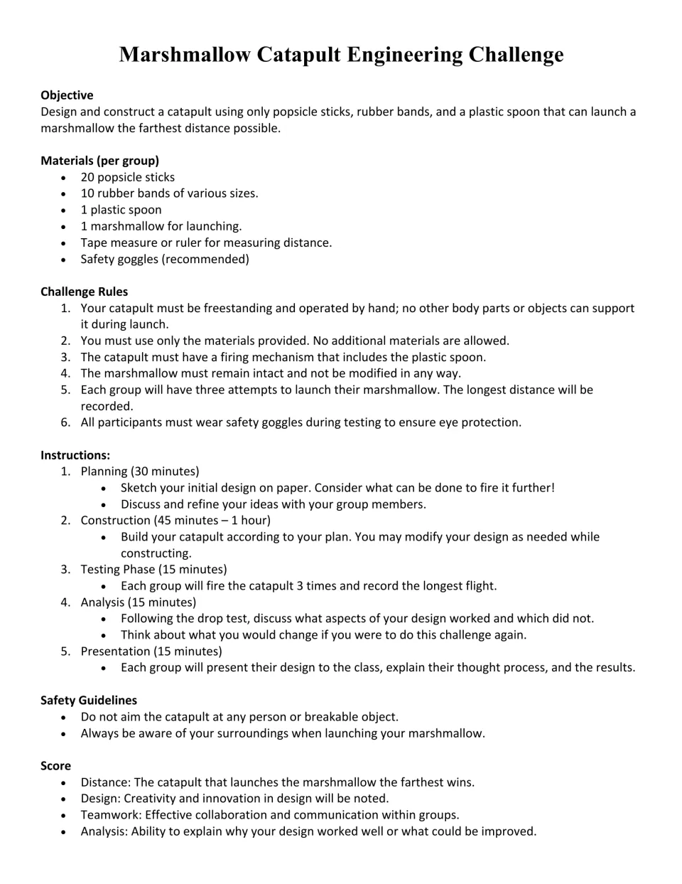 Catapult challenge instructions: materials, six rules, planning, construction, testing, safety, and scoring