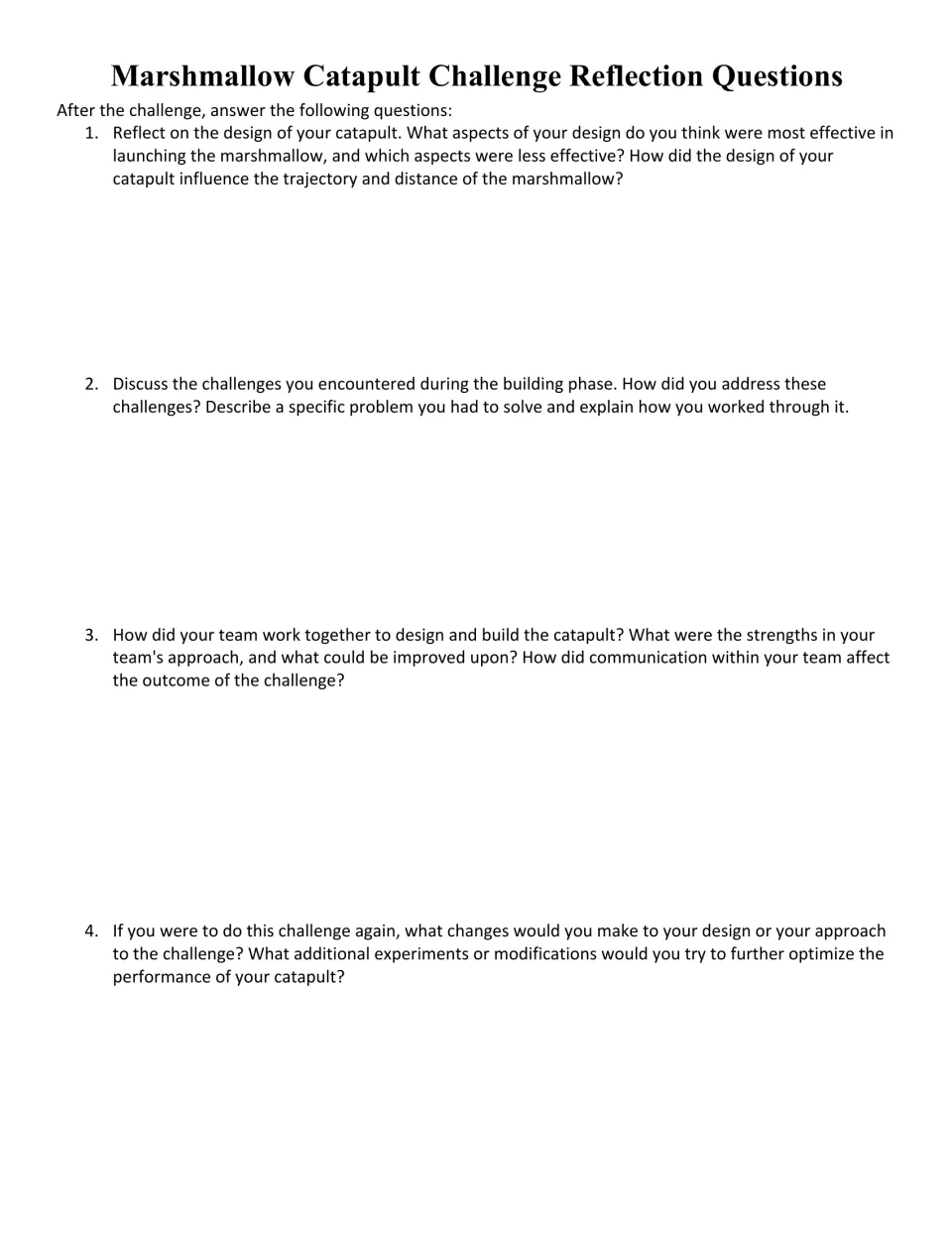 Four catapult reflection questions about design effectiveness, building challenges, teamwork, and changes