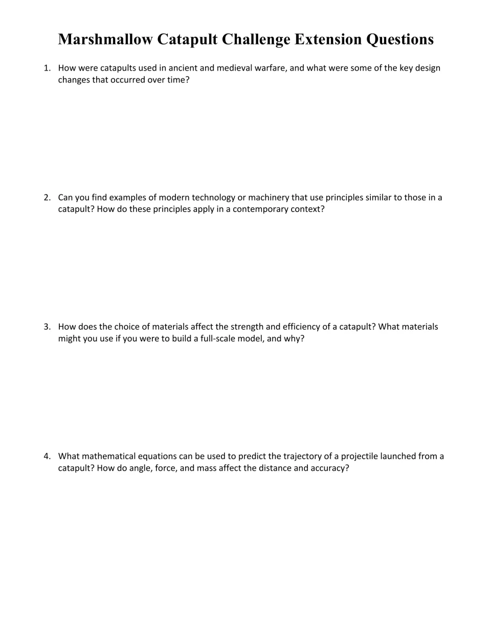 Four catapult extension questions on historical uses, modern machinery, materials, and projectile equations