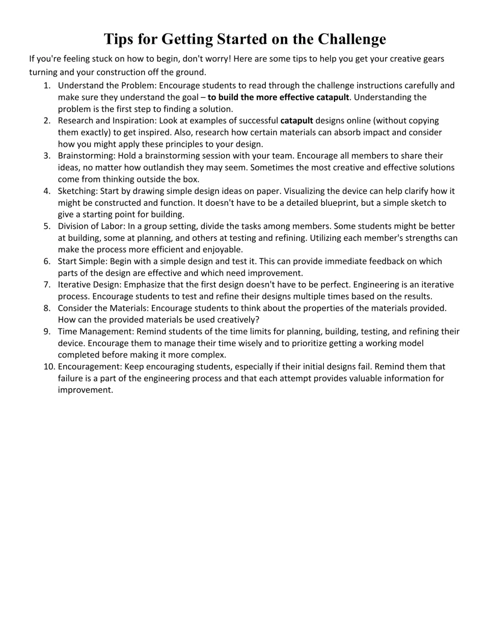 Ten catapult challenge tips cover research, brainstorming, sketching, team roles, testing, and improvement