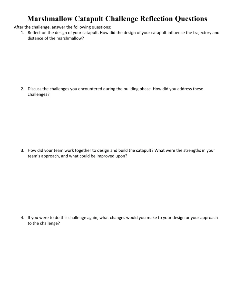 Four catapult reflection questions address launch distance, building challenges, teamwork, and redesign.