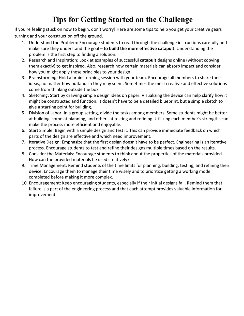 Ten catapult challenge tips cover research, brainstorming, sketching, team roles, testing, and improvement.
