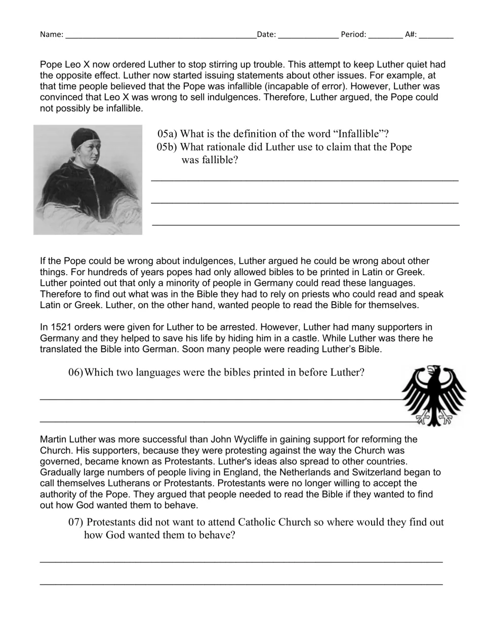 Biography reading, part 2: papal infallibility, Luther’s German Bible, Protestants, and questions 5–7