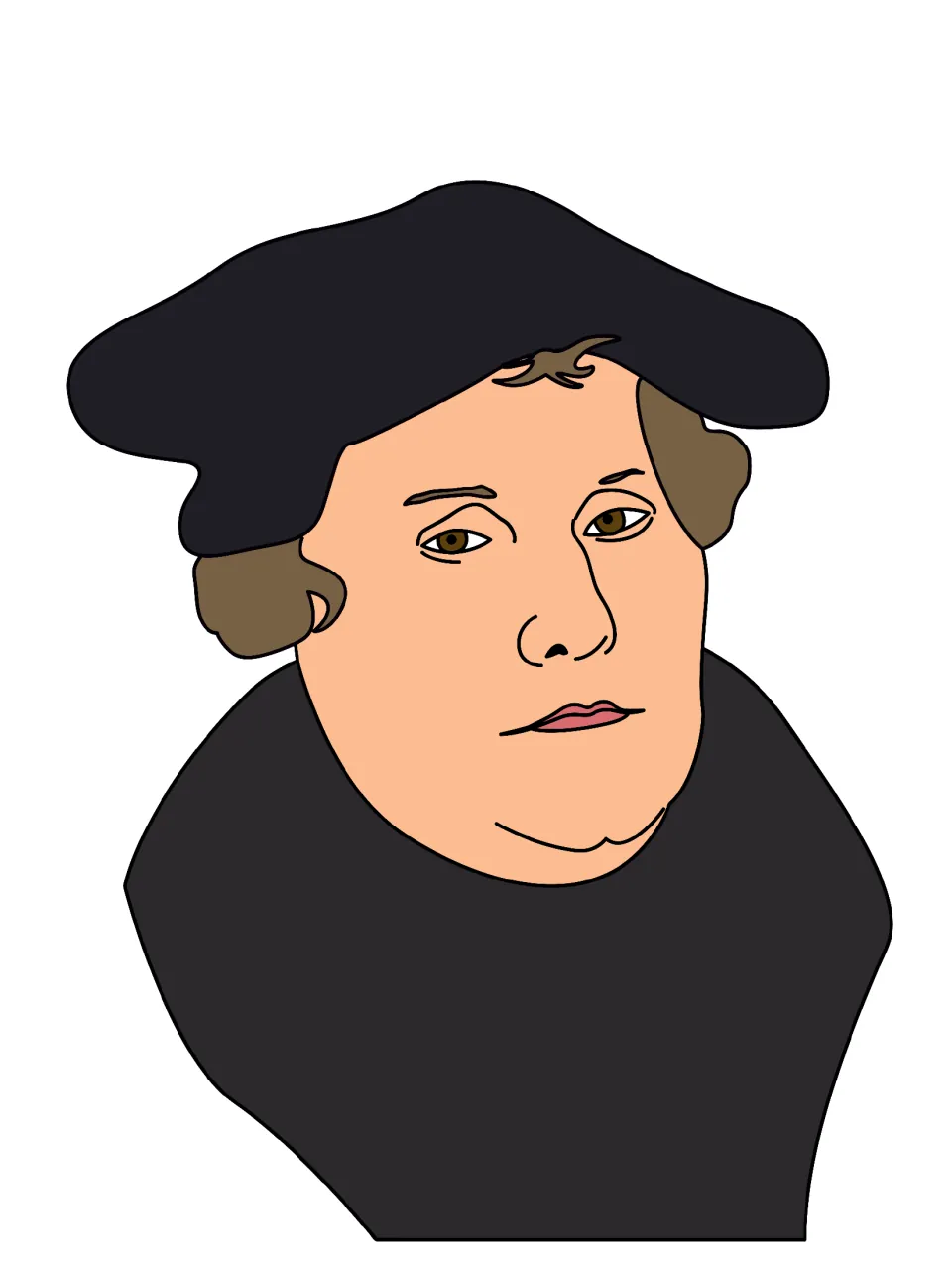 Color illustration of Martin Luther in a black cap and robe, part of the colored and line art image set.