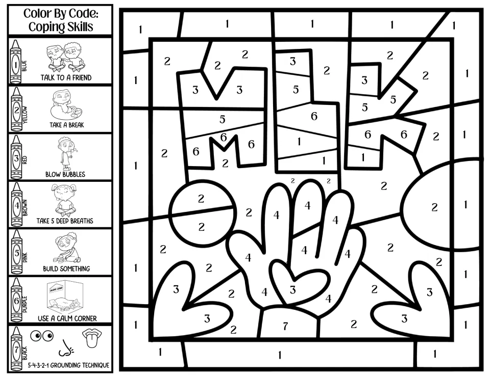 Coping skills coloring page: MLK letters and a hand holding a heart, with codes 1–7 and taking deep breaths