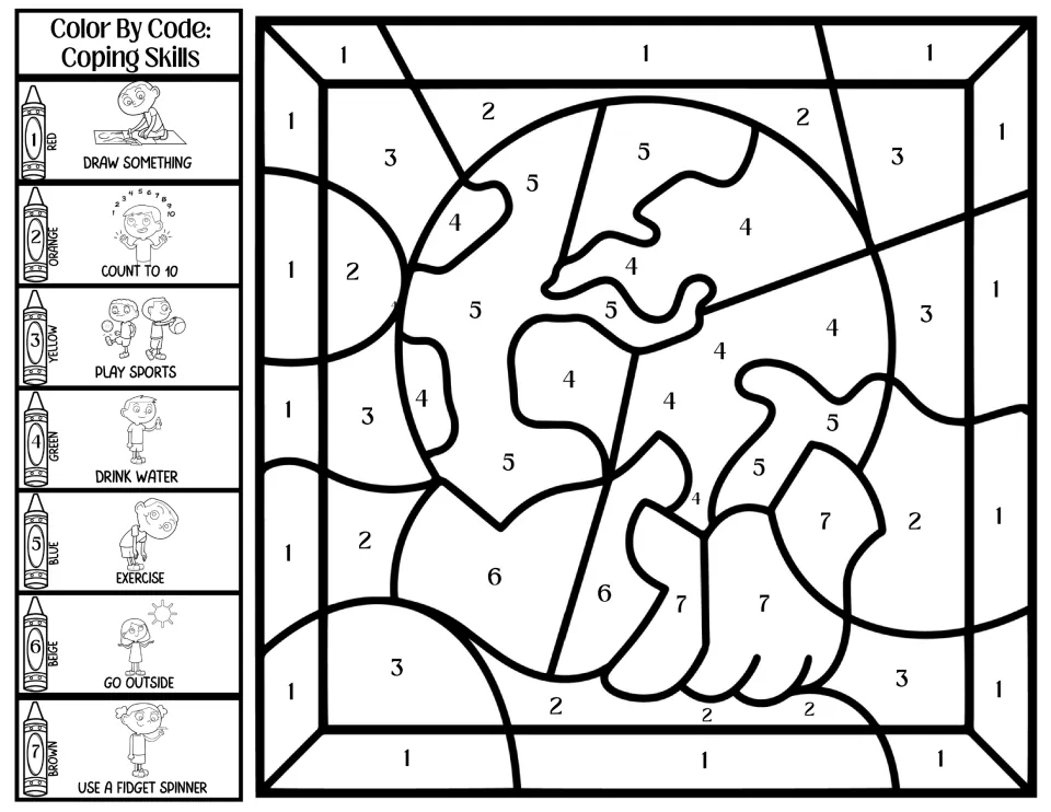 Coping skills coloring page: hands holding a globe, with codes 1–7, drinking water and going outside
