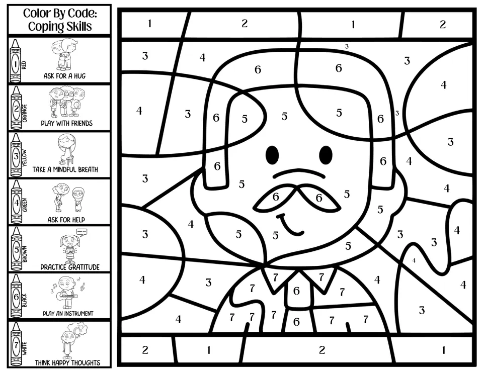 Coping skills coloring page: Martin Luther King Jr. portrait, codes 1–7 and practicing gratitude