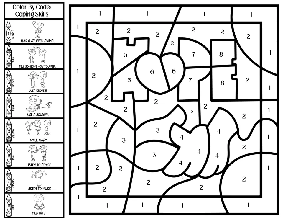Coping skills coloring page: HOPE and joined hands, with codes 1–8, walking away and listening to music