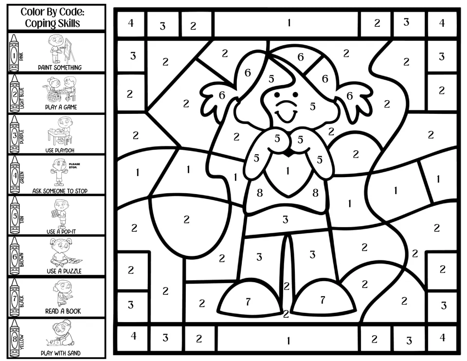Coping skills coloring page: child holding a heart, with codes 1–8, using playdough and playing with sand