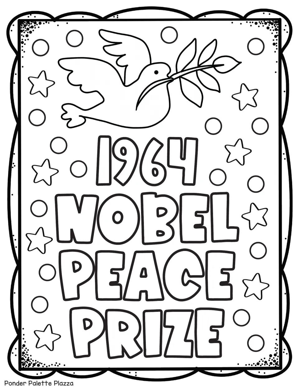 MLK coloring sheet commemorating the '1964 Nobel Peace Prize' with a dove carrying a leafy branch