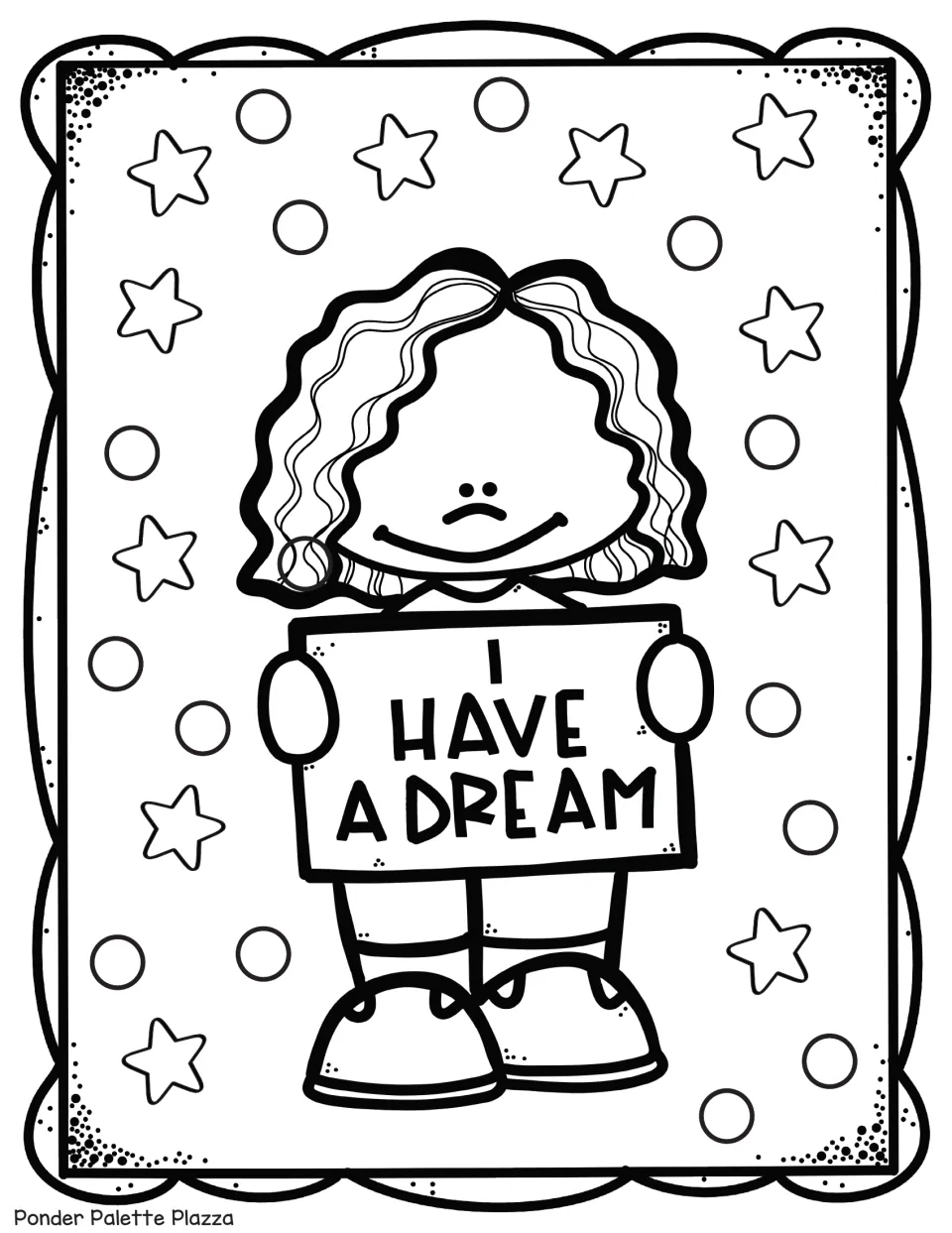MLK coloring sheet featuring a child holding a sign that reads 'I Have a Dream' to honor King's message