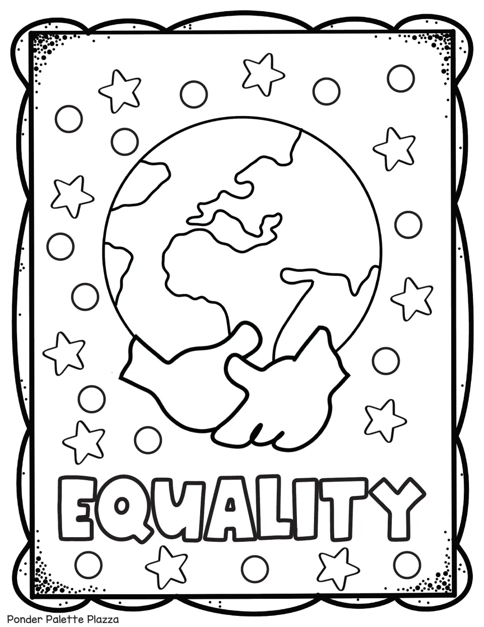 MLK coloring sheet illustrating the theme of equality with two hands holding a globe above 'Equality'