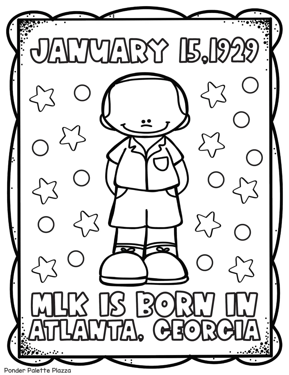 MLK coloring sheet showing King as a child, 'January 15, 1929,' and 'MLK Is Born in Atlanta, Georgia'