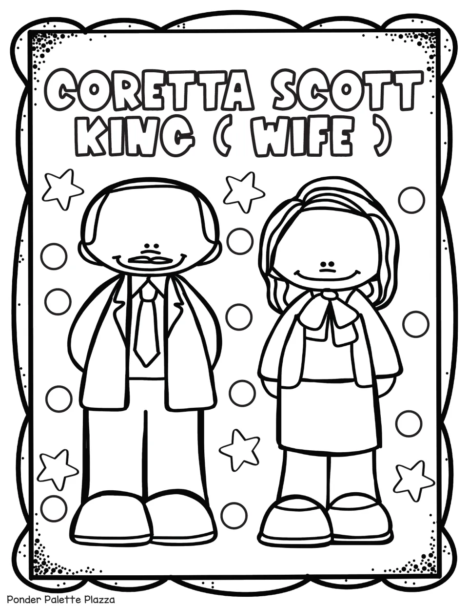 MLK coloring sheet showing Martin Luther King Jr. beside Coretta Scott King, identified as his wife