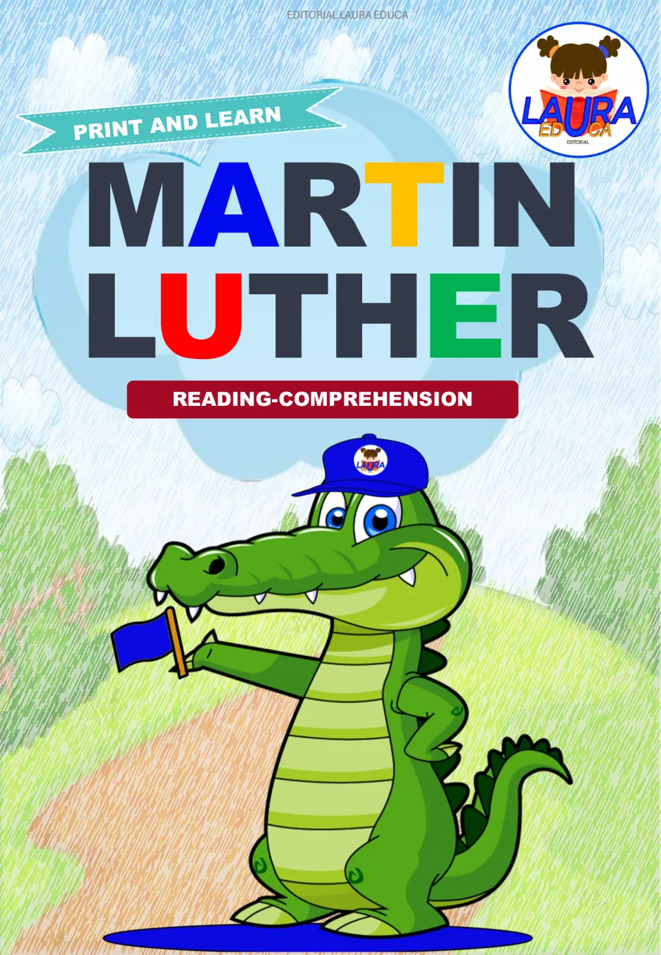 Reading comprehension packet cover labeled 'Martin Luther' and 'Print and Learn' from Editorial Laura Educa