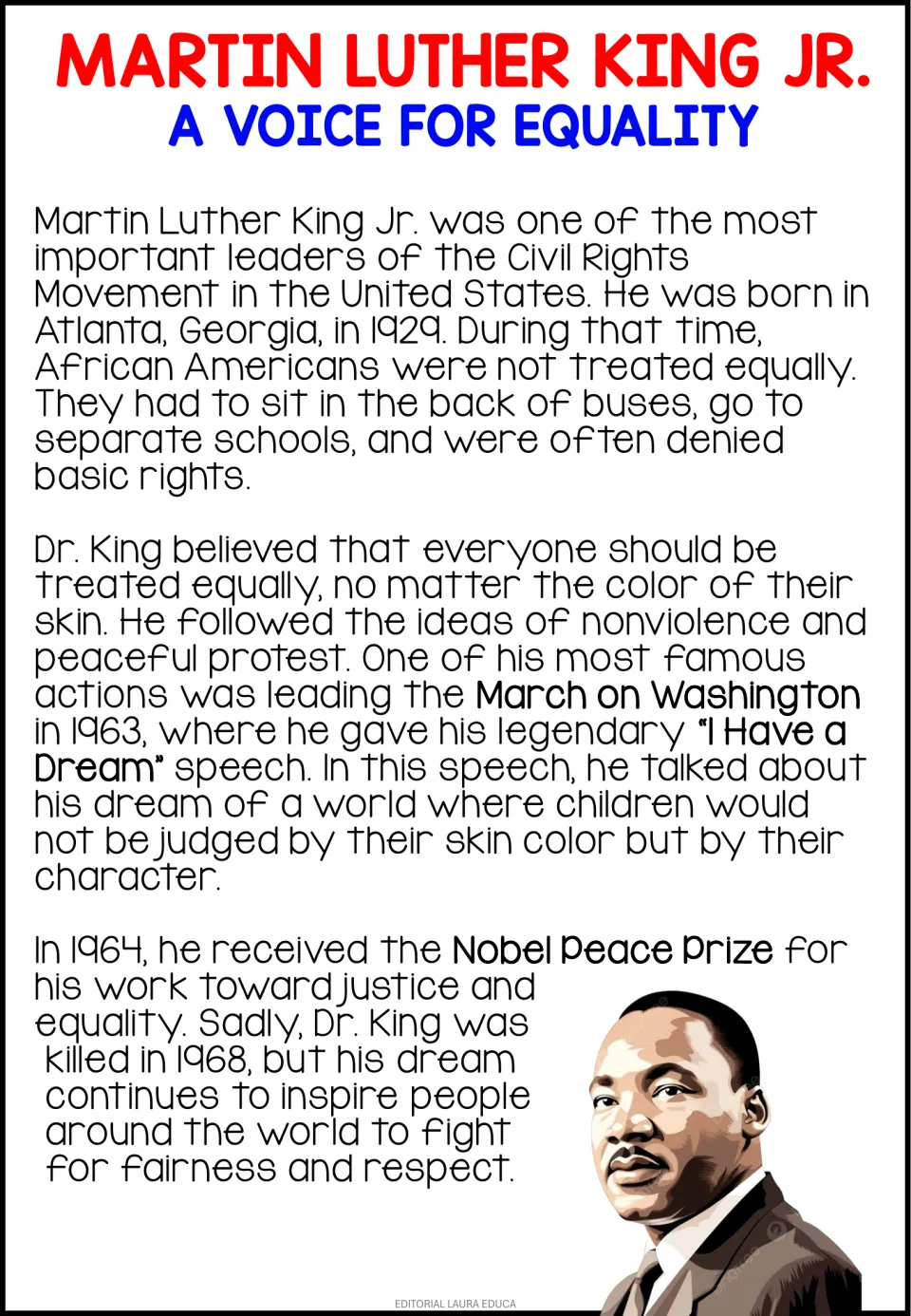 Biography passage about Martin Luther King Jr., peaceful protest, his famous speech, and the Nobel Peace Prize