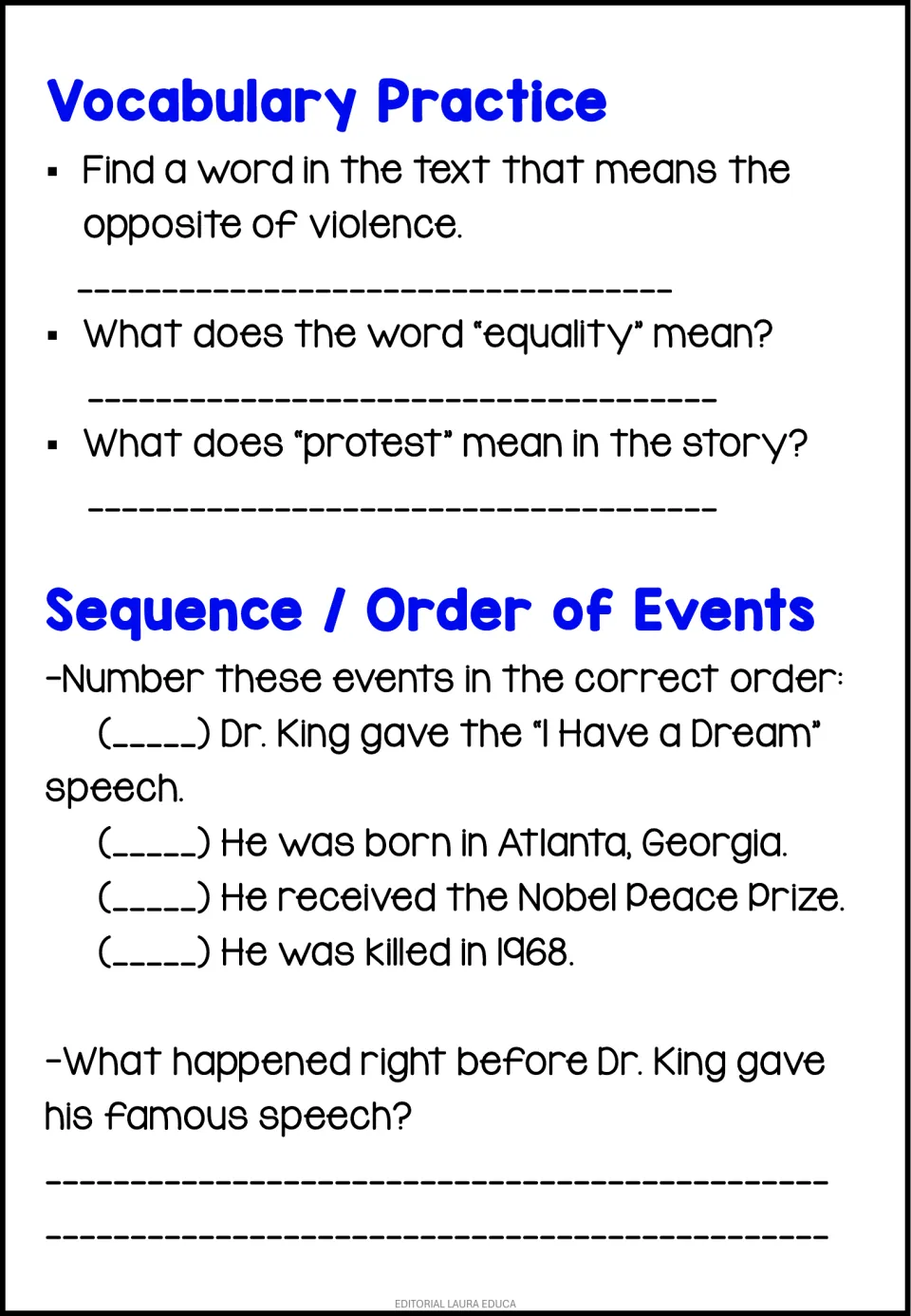 Vocabulary and sequencing practice on nonviolence, equality, protest, and four events in Dr. King's life