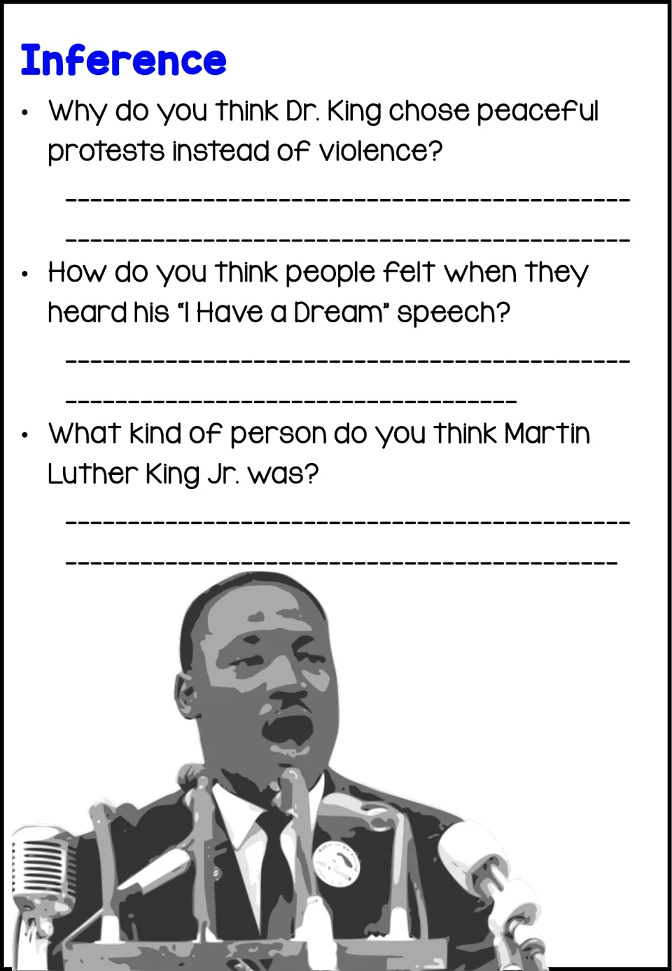 Three inference questions about Dr. King's peaceful protests, reactions to his speech, and his character