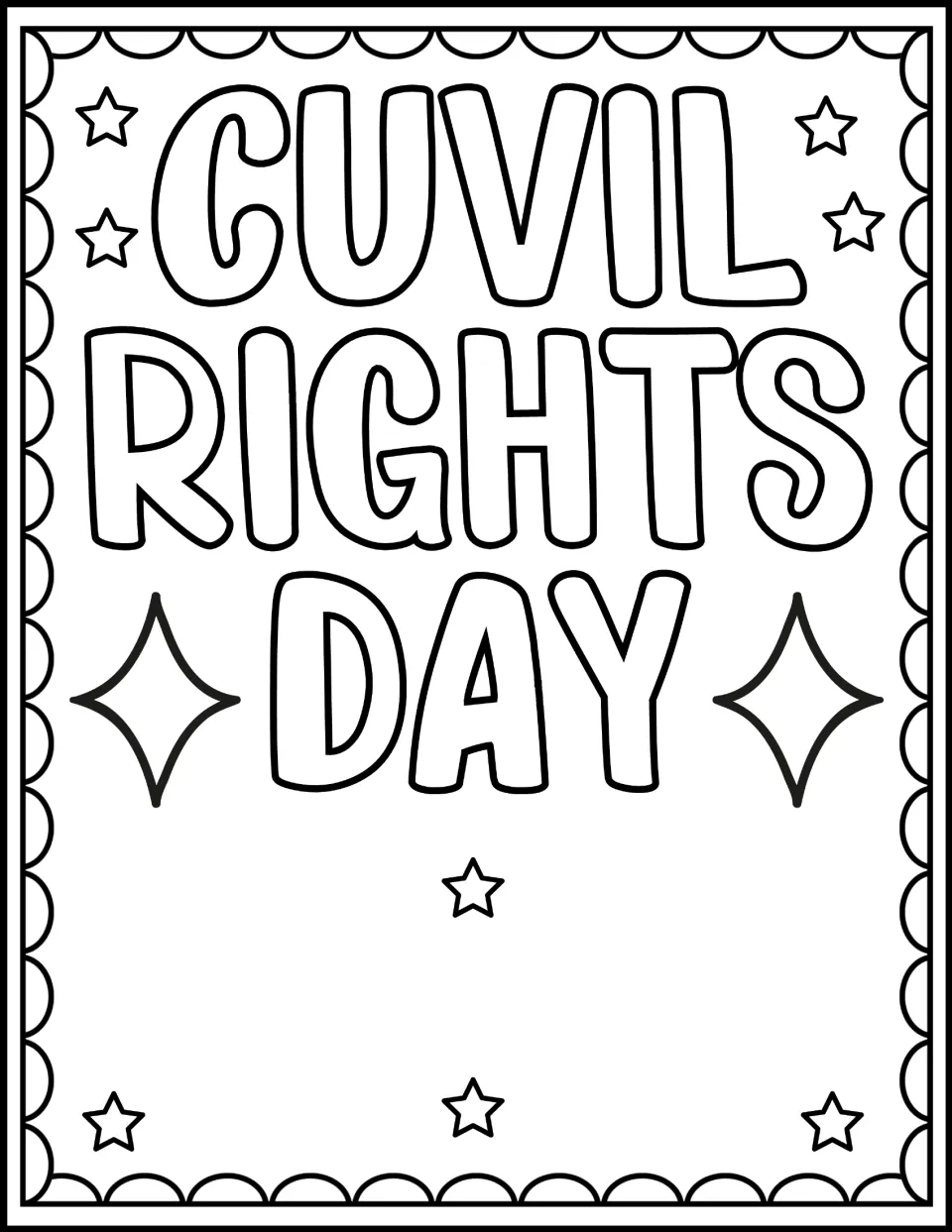 Civil Rights Day coloring sheet featuring the words "CUVIL RIGHTS DAY" in large letters to color.