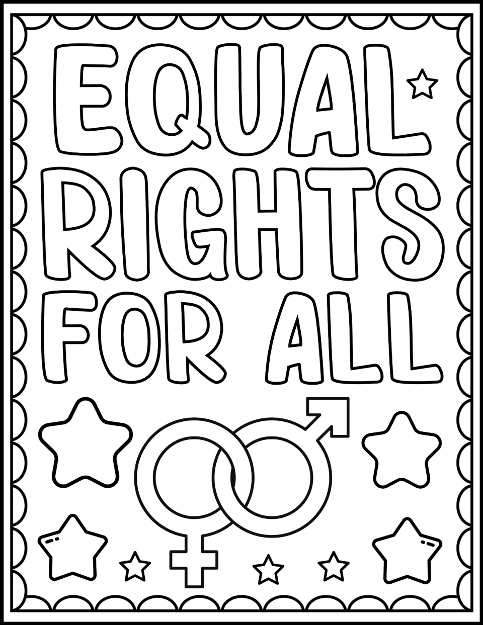 Civil rights coloring sheet reading "Equal Rights for All," with interlocking female and male symbols.