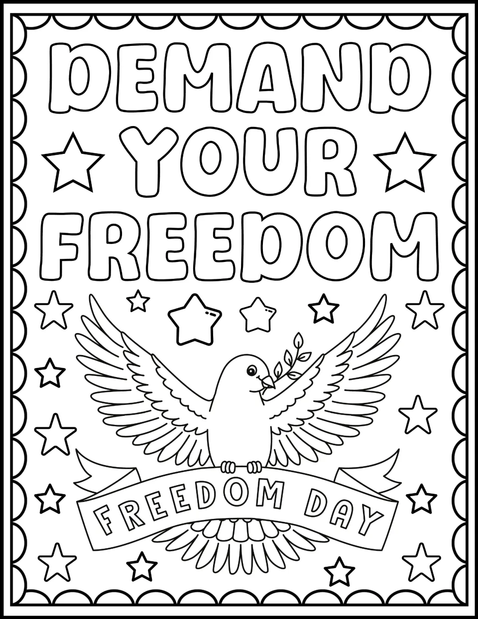 Civil rights coloring sheet reading "Demand Your Freedom," with a dove and a "Freedom Day" banner.