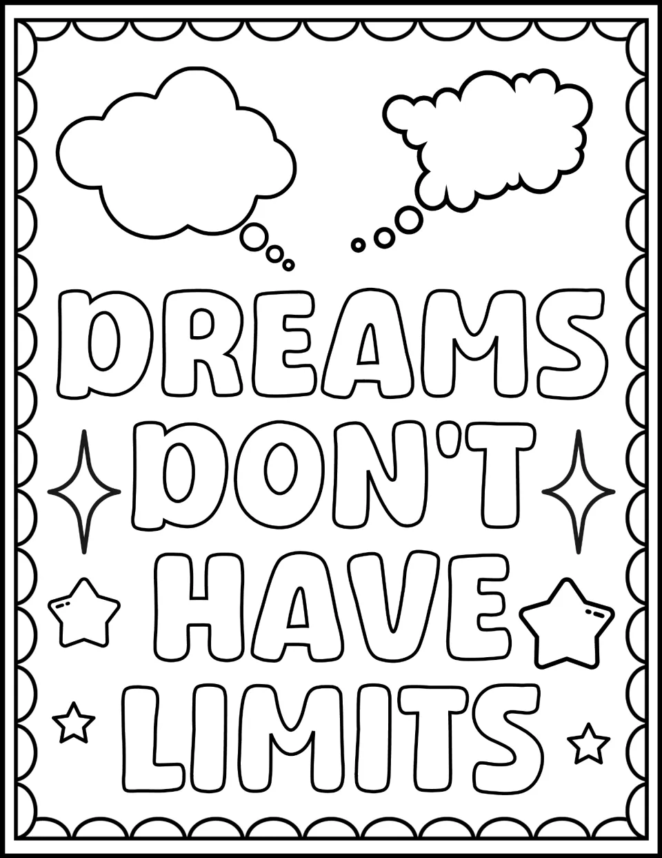 Civil rights coloring sheet featuring "Dreams Don't Have Limits" beneath two empty thought bubbles.