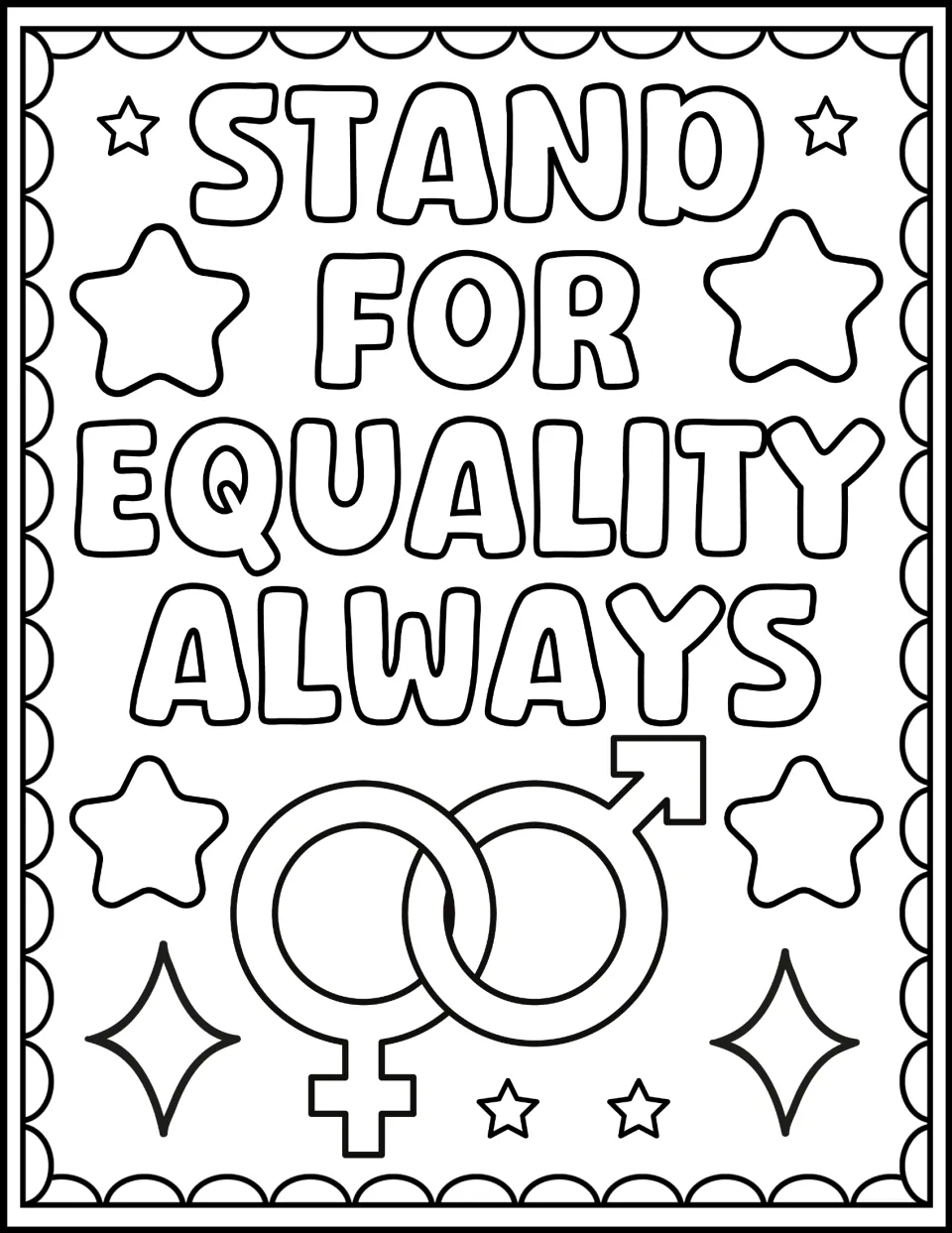 Civil rights coloring sheet reading "Stand for Equality Always," with interlocking female and male symbols.
