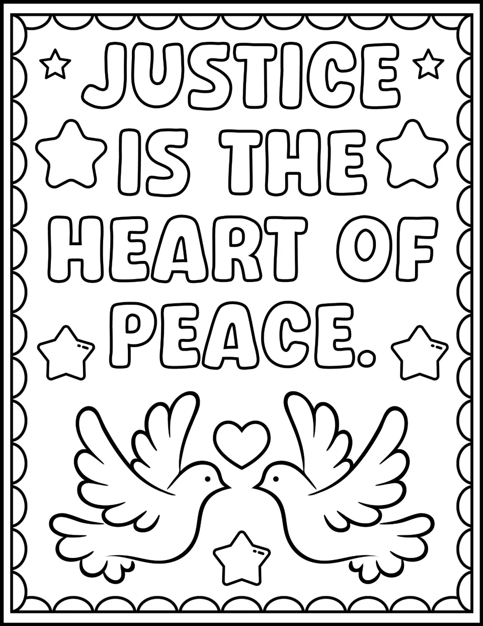 Civil rights coloring sheet reading "Justice Is the Heart of Peace," with two doves facing each other.