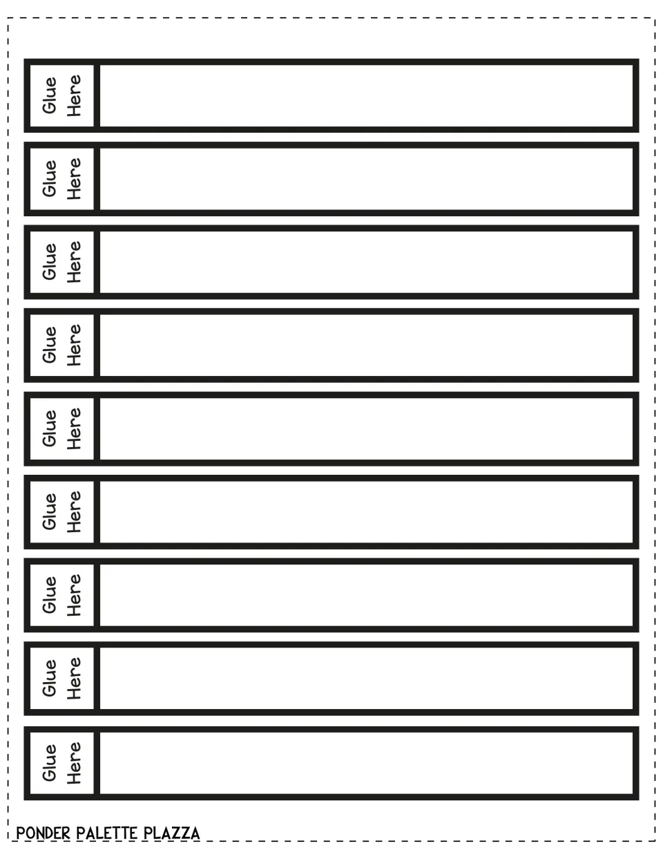 Nine blank dream strips, each with a Glue Here tab, cut-out pieces where students write their own sentences
