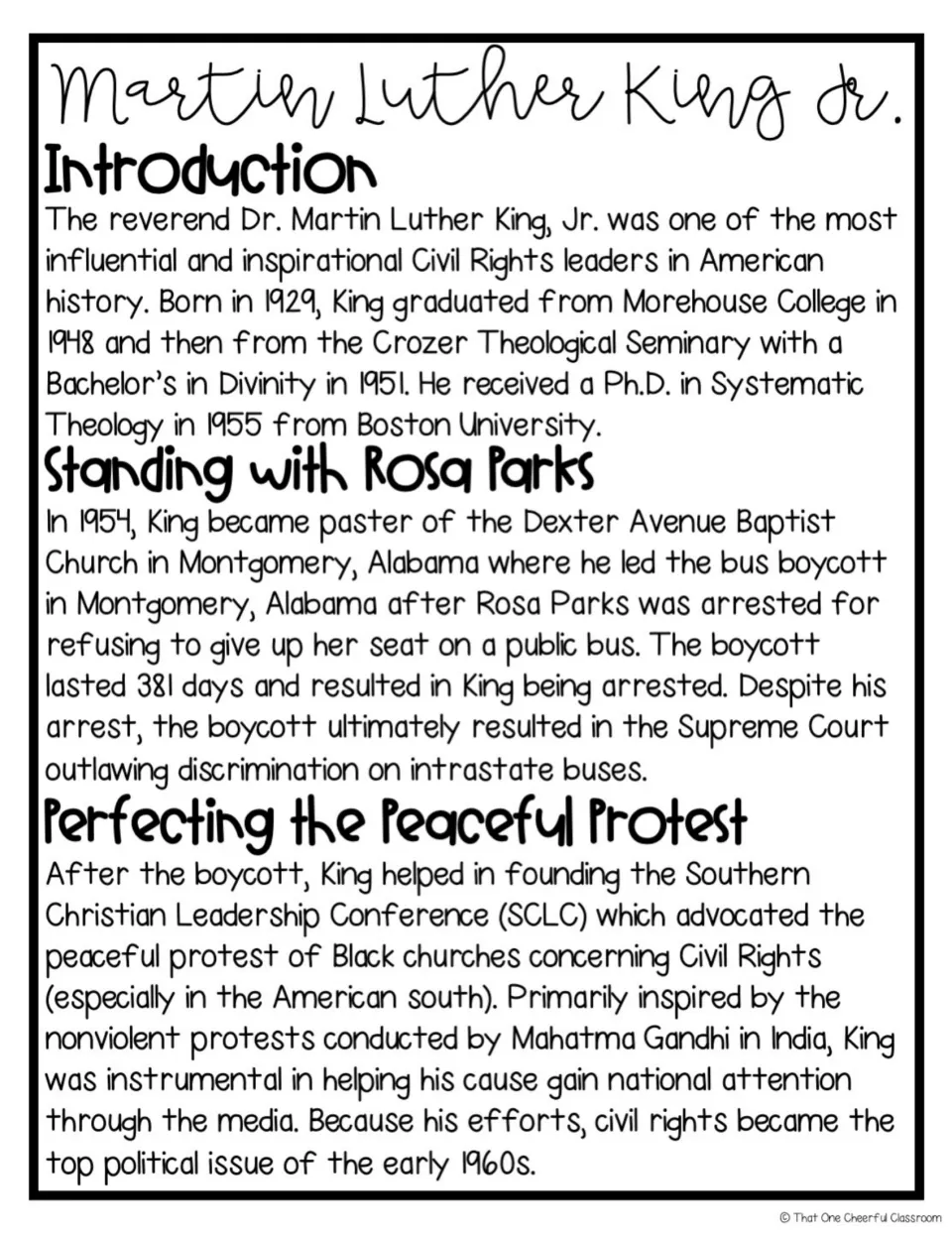 MLK biography, part 1: students read about his schooling, the Montgomery bus boycott with Rosa Parks and founding the SCLC