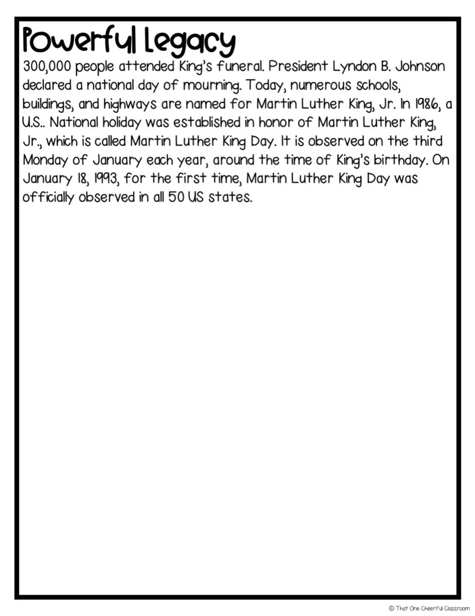 MLK biography, part 3: students read Powerful Legacy, on his funeral, places named for him and the 1986 national holiday
