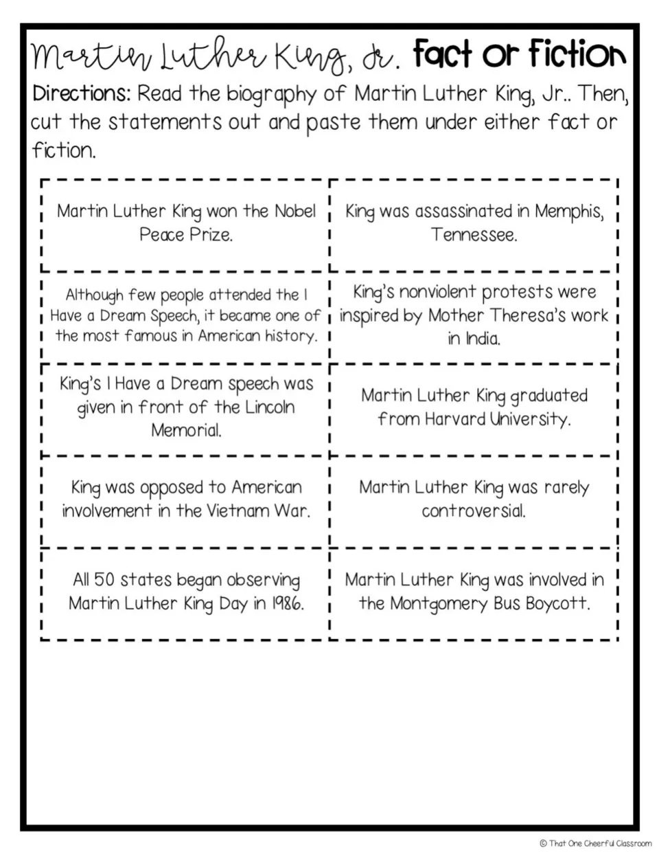 Fact or fiction statements: students cut out 10 claims about Dr. King, such as winning the Nobel Peace Prize, to sort