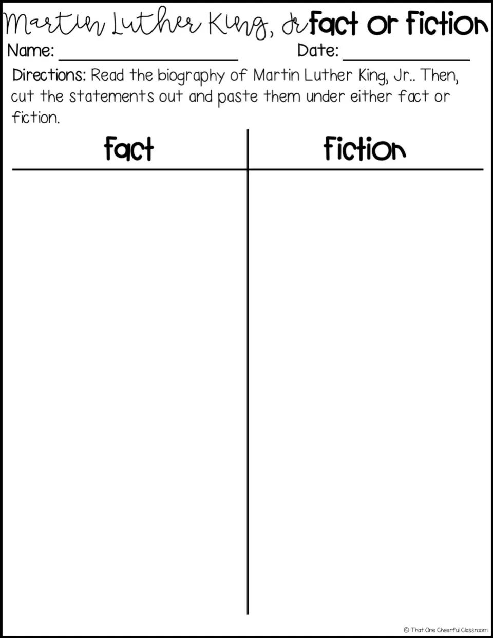 Fact or fiction sorting mat: students glue each cut-out MLK statement under Fact or Fiction, with name and date lines