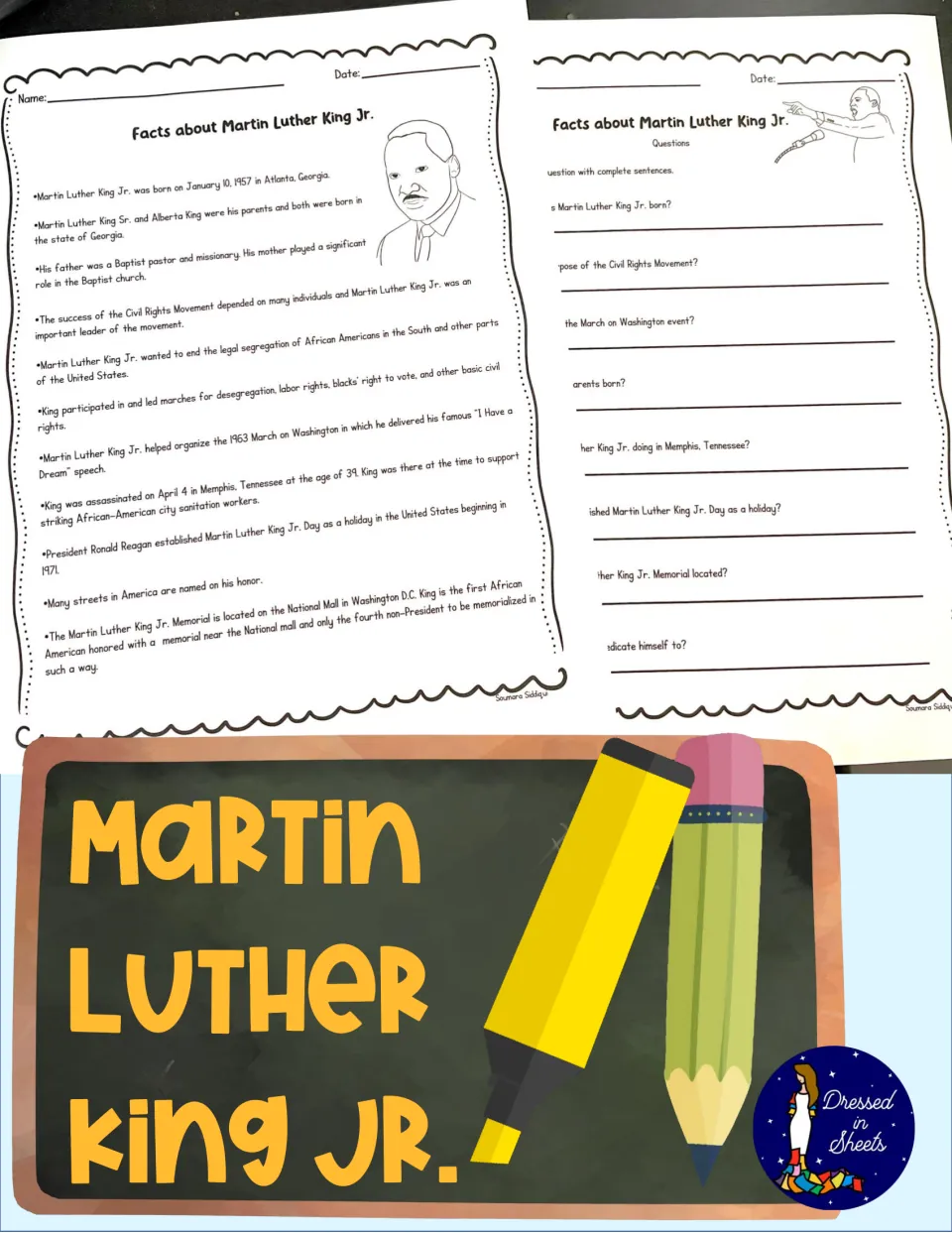 Martin Luther King Jr. cover showing the illustrated fact sheet and its matching question page above a chalkboard title