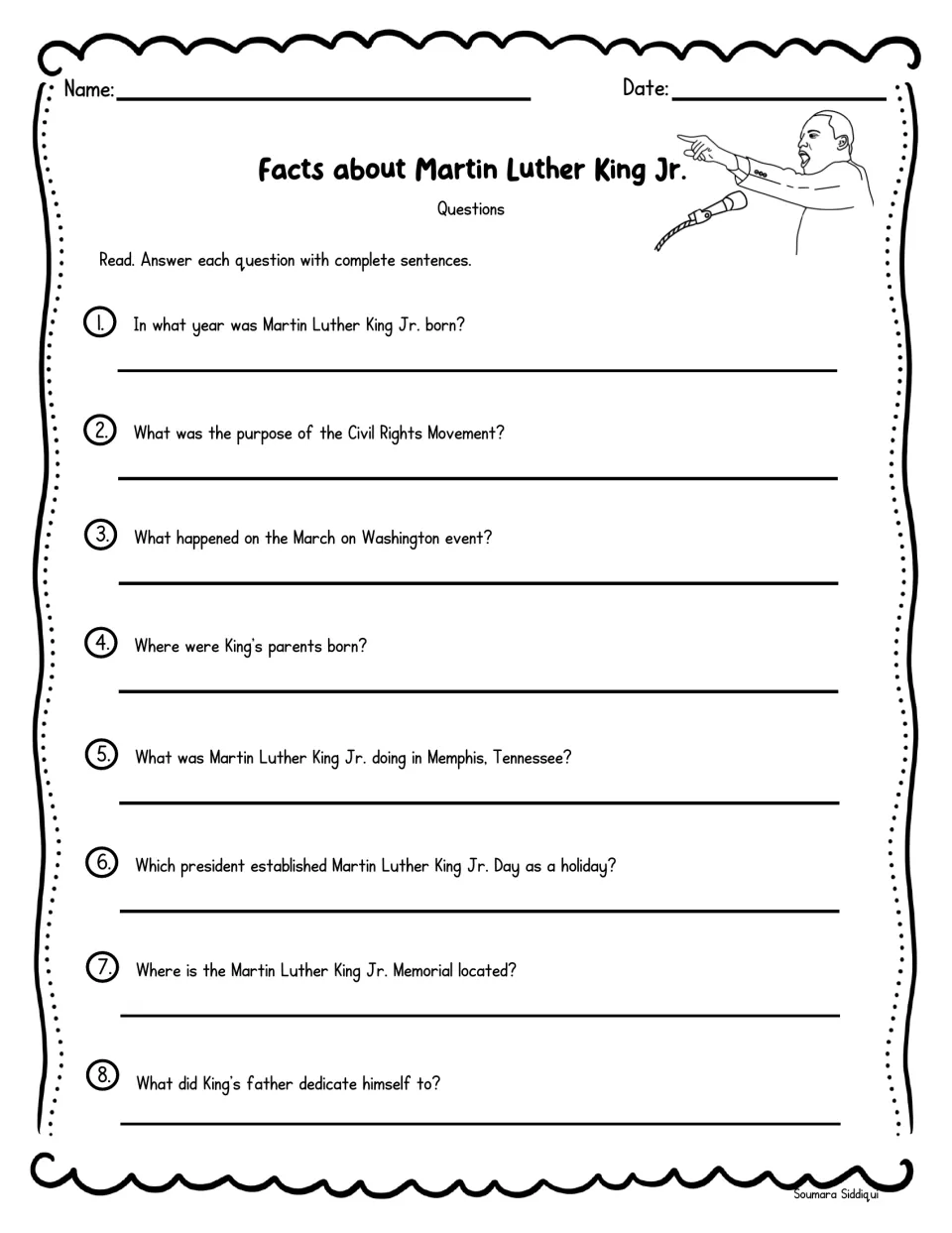 MLK reading comprehension: students answer 8 questions on his parents, the 1963 march, Memphis and his memorial