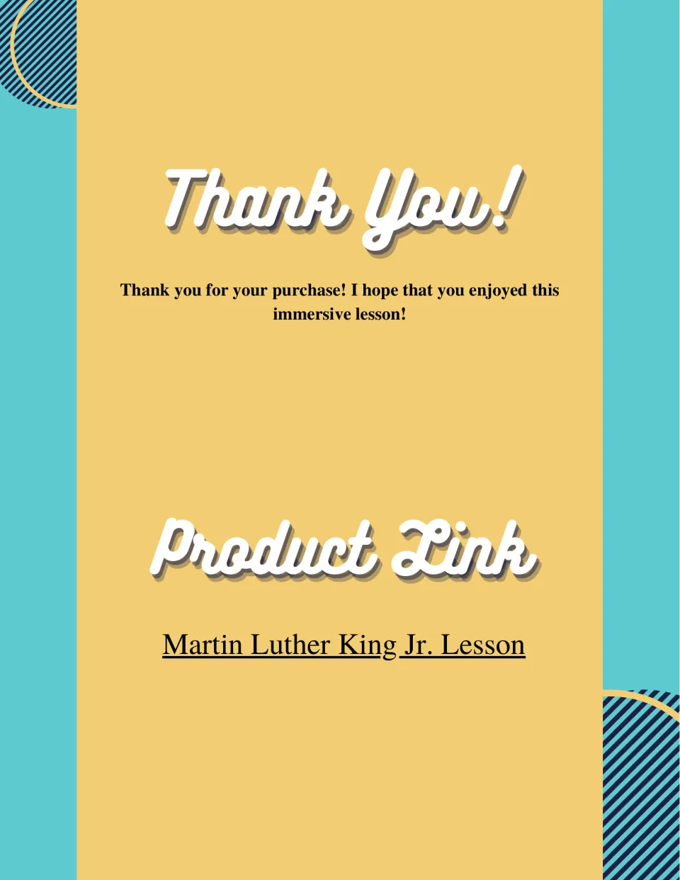 Lesson access page thanking the buyer and linking to the Martin Luther King Jr. lesson under 'Product Link'.