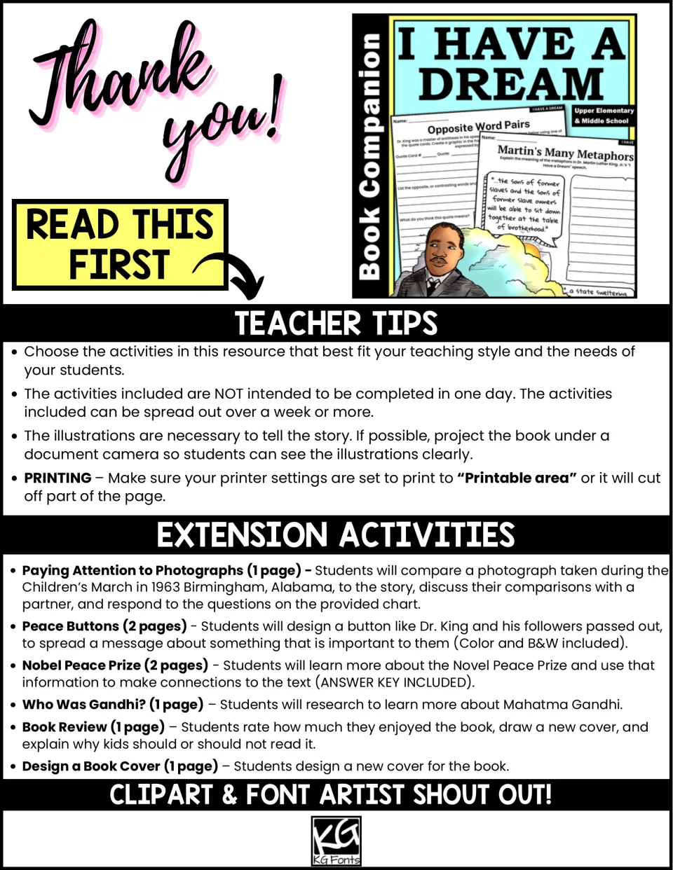 Teacher tips and extension activity list: photo comparison, peace buttons, Nobel Peace Prize, Gandhi research, book review