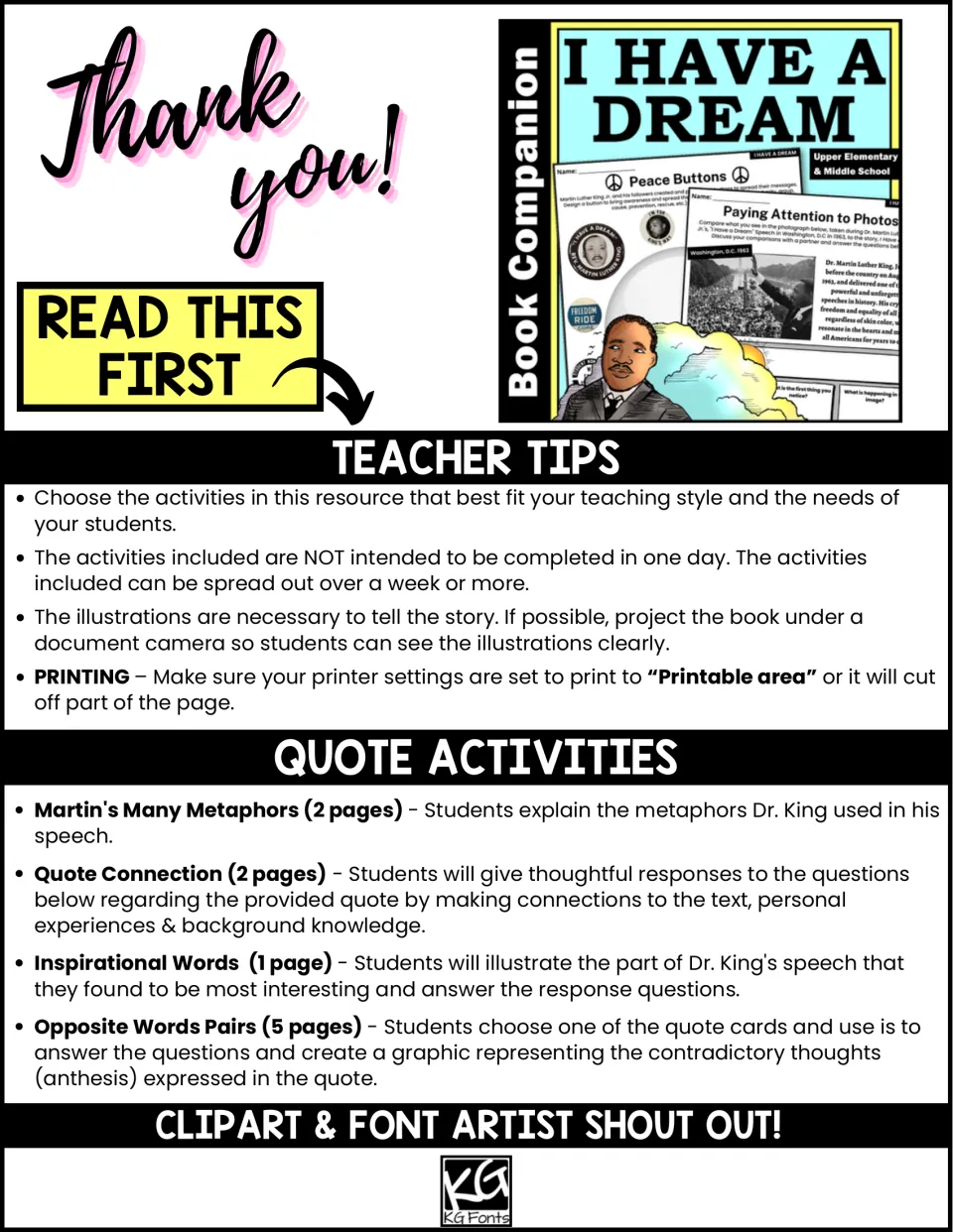 Teacher tips and quote activity list: Martin's Many Metaphors, Quote Connection, Inspirational Words, Opposite Word Pairs