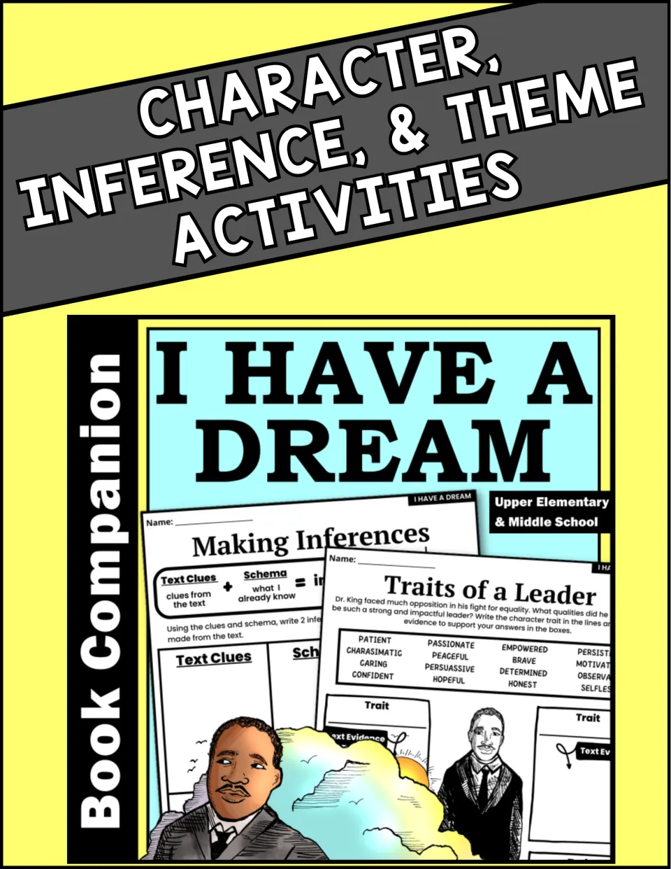 Character, Inference, & Theme Activities cover, previewing Making Inferences and Traits of a Leader pages