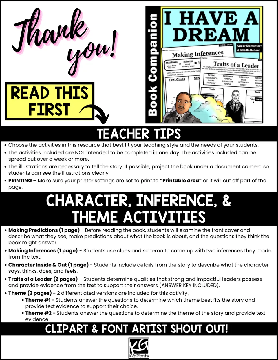 Teacher tips and list of predictions, inferences, Character Inside & Out, Traits of a Leader and two theme activities