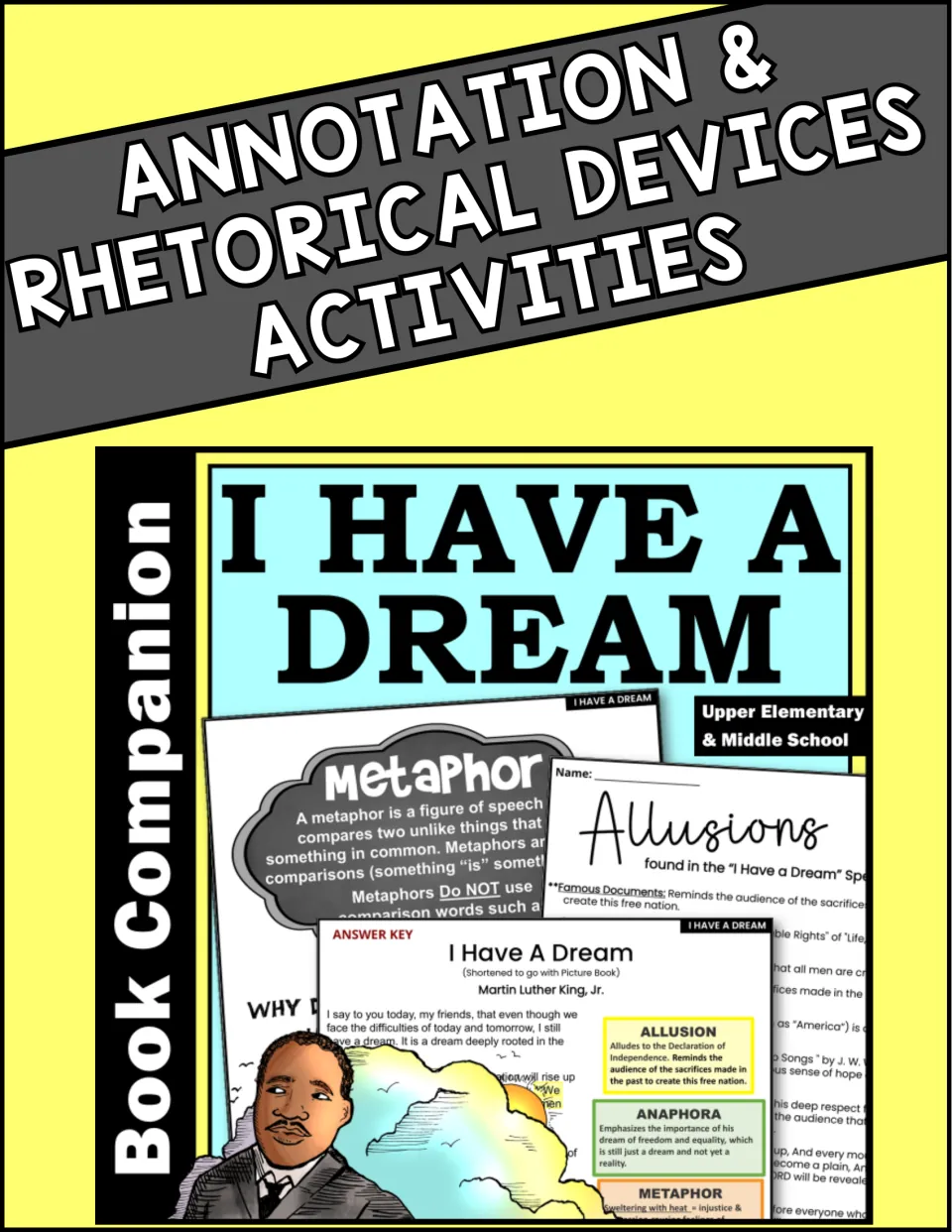 Annotation & Rhetorical Devices Activities cover, previewing Metaphor notes, Allusions sheet and an annotated speech