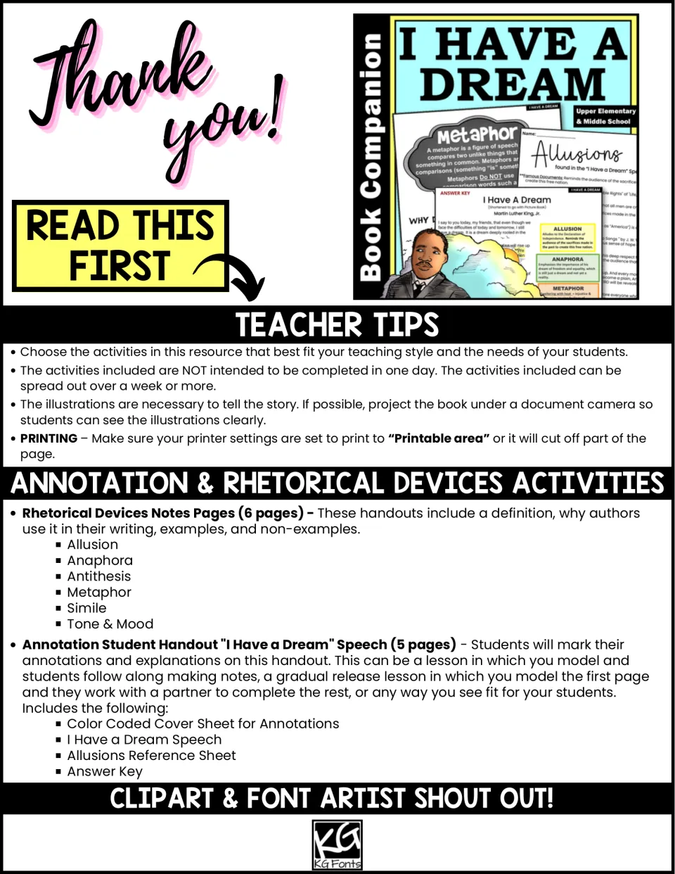 Teacher tips on rhetorical device notes (allusion, anaphora, antithesis, metaphor, simile, tone) and annotation handout