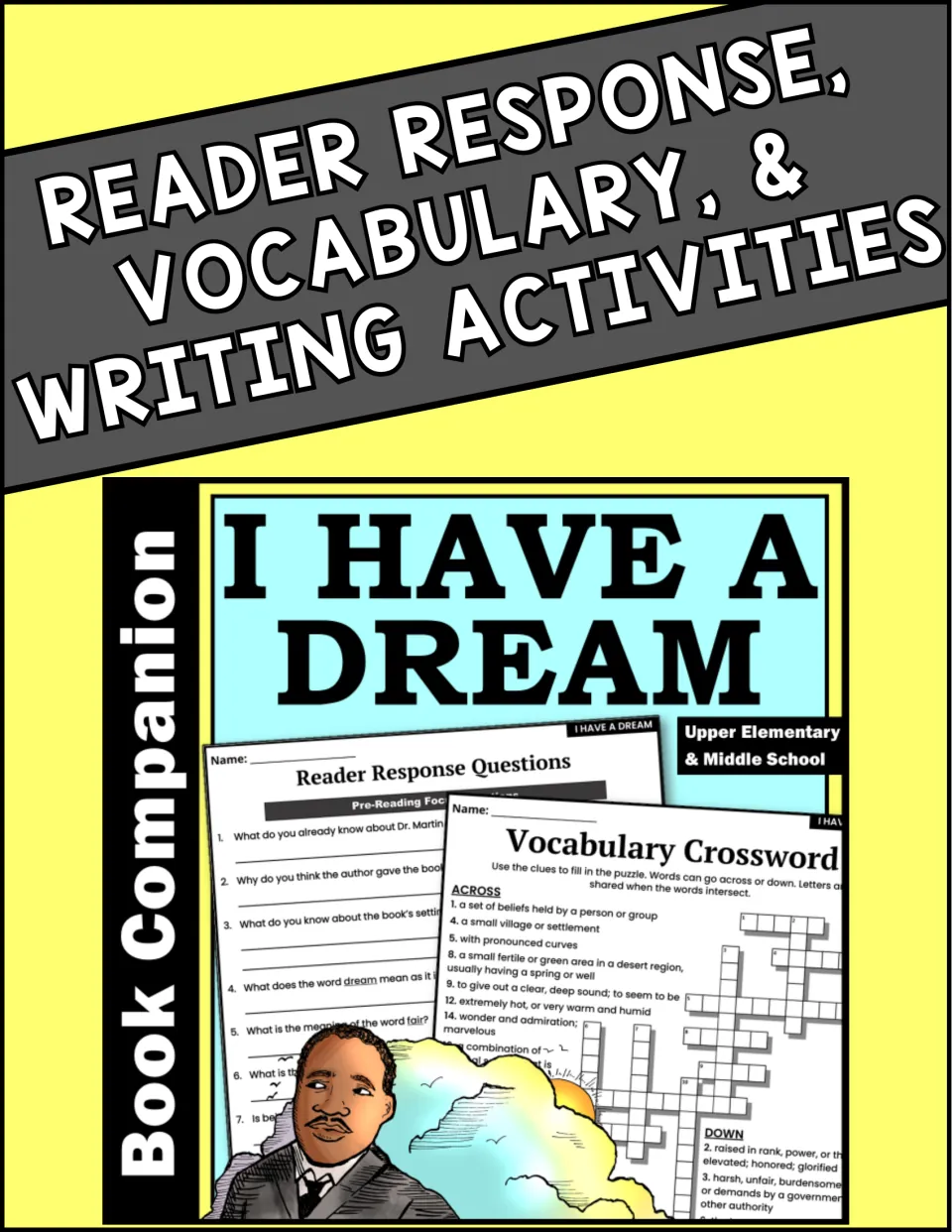 Reader Response, Vocabulary, & Writing Activities cover, previewing Reader Response Questions and a vocabulary crossword