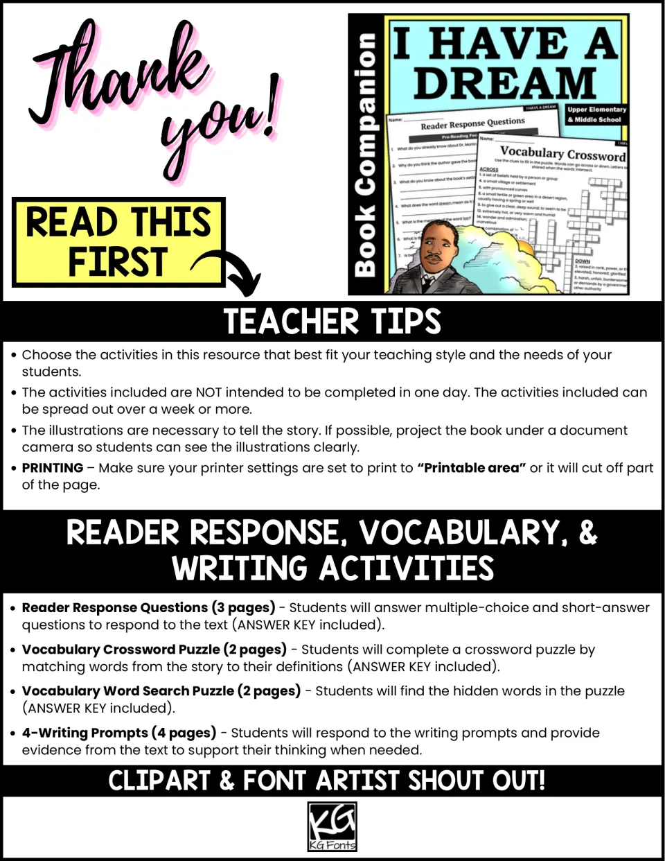 Teacher tips listing reader response questions, vocabulary crossword, word search and four writing prompts